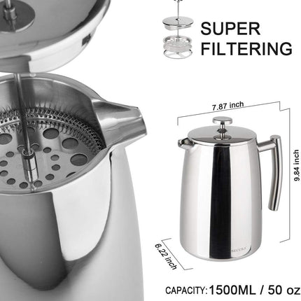 French Press Coffee Maker, 50-Ounce, 304 Stainless Steel Insulated Coffee Press with Extra Screen