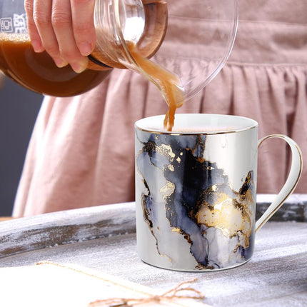 Marble Ceramic Coffee Mug, Tea Cup for Office and Home, 14 OZ, Coffee Tea Cup for Women Men, Black+Gold Marble