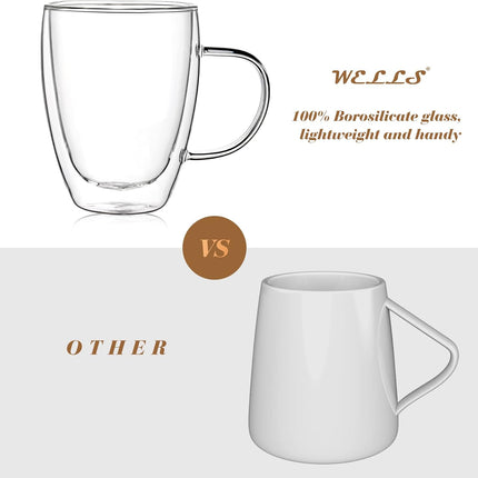 12 Oz Double Walled Glass Coffee Mugs with Handle, Insulated Layer Coffee Cups, Clear Borosilicate Glass Mugs - Gift for Cappuccino,Tea,Latte,Espresso,Hot Beverage,Cold Drinks, Set of 2