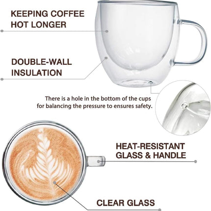 Glass Espresso Cups, Set of 2 6Oz Double Wall Thermo Insulated Shot Cups with Handle, Coffee Mugs for Cappuccino, Great Gift for Coffee Lovers
