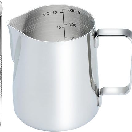 Stainless Steel Milk Frothing Pitcher 12 Oz, Espresso Steaming Pitcher with Decorating Pen for Espresso Machines, Cappuccino, Latte Art a Silver