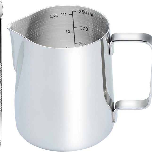 Stainless Steel Milk Frothing Pitcher 12 Oz, Espresso Steaming Pitcher with Decorating Pen for Espresso Machines, Cappuccino, Latte Art a Silver