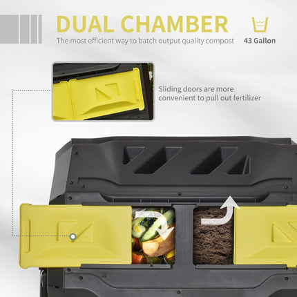 Tumbling Compost Bin Outdoor 360° Dual Chamber Rotating Composter 43 Gallon, Yellow