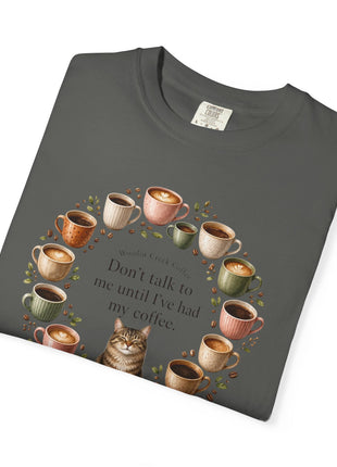 Woodin Creek Coffee Coffee Cat T-Shirt — "Don’t talk to me until I’ve had my coffee" Graphic Tee