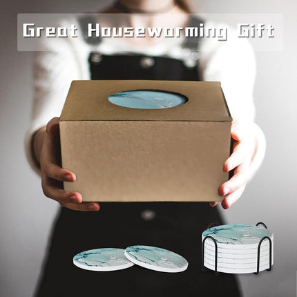 Marble Coasters for Drinks-Absorbent Creamic Coaster with Holder, Set of 8 Aqua Marble Ceramic Stone Cups Coaster with Cork Base for Coffee Table, Kitchen Bar Office Table Decor