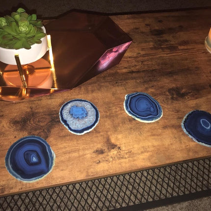 Natural Stone Coasters Set of 4 Blue Agate Crystal Coasters 3-3.5" for Drinks Slice Coaster Cup Mat Beverage Mother Gift