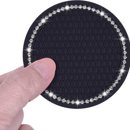 Bling Car Coasters,  2 Pack PVC Car Cup Holder Insert Coaster - anti Slip Universal Vehicle Interior Accessories Crystal Glitter Cup Mats for Women and Men(2.75" Diameter, Black)