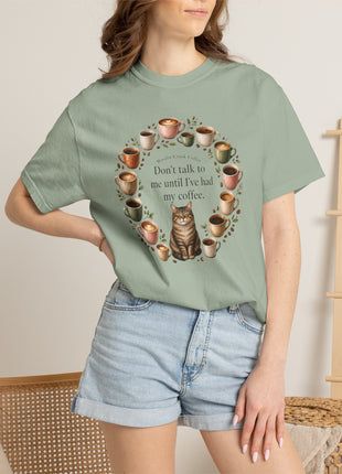 Woodin Creek Coffee Coffee Cat T-Shirt — "Don’t talk to me until I’ve had my coffee" Graphic Tee