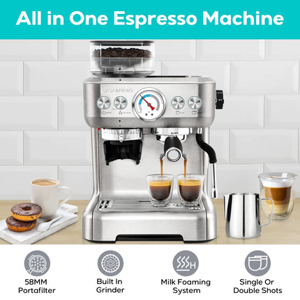 Espresso Machine with Grinder, Professional Espresso Coffee Maker with Milk Frother Steam Wand