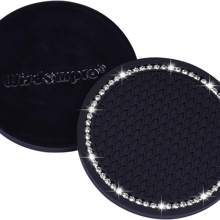 Bling Car Coasters,  2 Pack PVC Car Cup Holder Insert Coaster - anti Slip Universal Vehicle Interior Accessories Crystal Glitter Cup Mats for Women and Men(2.75" Diameter, Black)
