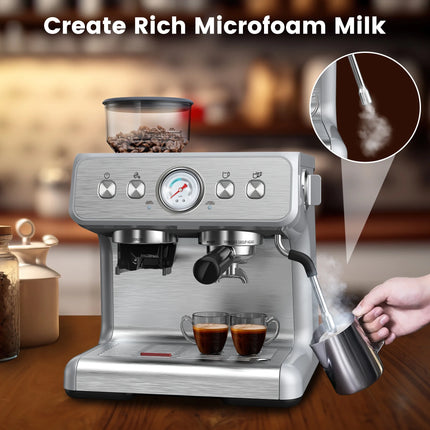 Espresso Machine with Grinder and Milk Frother Steam Wand, 15 Bar Pump & 95 Ounce Water Reservoir, Professional Coffee Machine, New, Stainless Steel