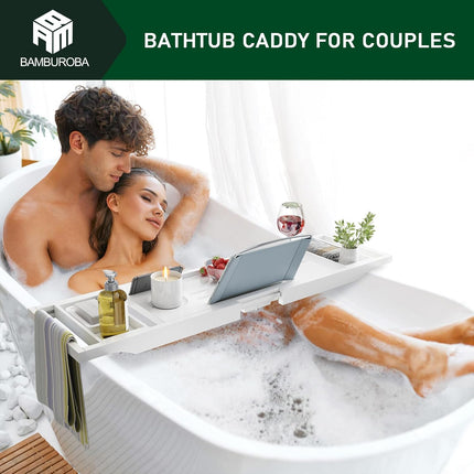 Foldable Bamboo Bathtub Caddy Tray Expandable for Luxury Bath, Bath Accessories & Table with Wine Glass Holder, Book Stand Bathroom Organizer with Extending Sides for Men/Women,White