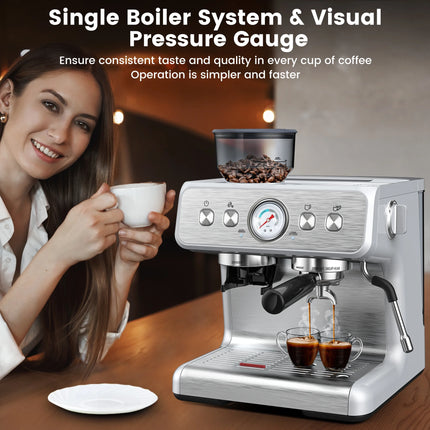 Espresso Machine with Grinder and Milk Frother Steam Wand, 15 Bar Pump & 95 Ounce Water Reservoir, Professional Coffee Machine, New, Stainless Steel