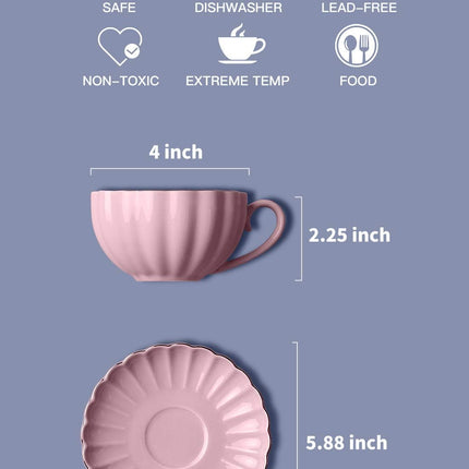 Royal Tea Cups and Saucers, with Gold Trim and Gift Box, British Coffee Cups, Tea Cup Set, Porcelain Tea Set, Cappuccino Cups, Latte Cups, Set of 6 (8 Oz)- Pink