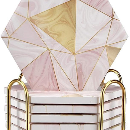 6 Pcs Cool Black Marble Coasters with Holder Hexagon Absorbent Coasters Modern Ceramic Coaster Set Best Stone Drink Coasters Beverage Coffee Table Cup Bar Coasters