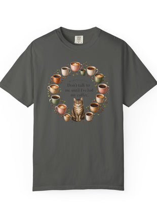 Woodin Creek Coffee Coffee Cat T-Shirt — "Don’t talk to me until I’ve had my coffee" Graphic Tee