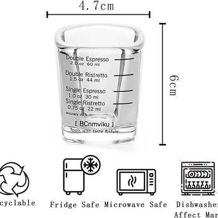 Espresso Shot Glasses Measuring Cup Liquid Heavy Glass for Baristas 2Oz for Single Shot of Ristrettos (2 Pack)