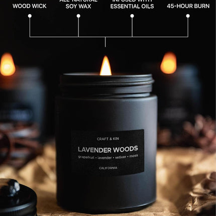 Premium Lavender Woods Candle | Black Scented Candles for Men | Long Lasting with 45 Hour Burn Time, 7.6Oz | Made with Soy | Aromatherapy at Home | Gifts for Men