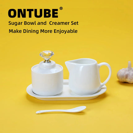 Ceramic Sugar Bowl and Creamer with Tray and Crystal Lid Set of 4,Silver