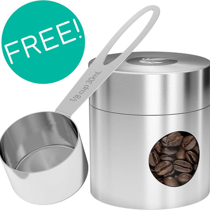 Coffee Canister, Stainless Steel Airtight Coffee Containers for Ground Coffee with Date-Tracker, Co2-Release Valve, Measuring Scoop & Travel Jar - Medium, 16 Oz, Silver