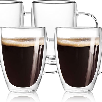 12 Oz Double Walled Glass Coffee Mugs with Handle, Insulated Layer Coffee Cups, Clear Borosilicate Glass Mugs - Gift for Cappuccino,Tea,Latte,Espresso,Hot Beverage,Cold Drinks, Set of 2