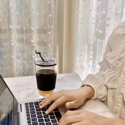 450Ml with Straw Glass Coffee Cup Thick Glass Mug Milk Juice Cup Transparent Bubble Tea Cup Juice Mocha Cups Breakfast Mug