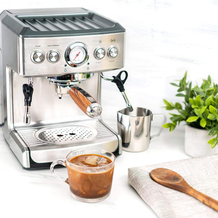 19 Bar Espresso Machine, Fast Heating Cappuccino, Americano, Latte and Espresso Maker, Milk Steamer and Frother, Removable Parts for Easy Cleaning, Stainless Steel with Wood Accents