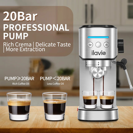 Espresso Machine Steel Silver, 20 Bar Coffee Espresso Maker with Milk Frother Steam Wand, 1L Water Reservoir, New