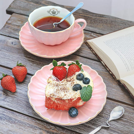 Royal Tea Cups and Saucers, with Gold Trim and Gift Box, British Coffee Cups, Tea Cup Set, Porcelain Tea Set, Cappuccino Cups, Latte Cups, Set of 6 (8 Oz)- Pink