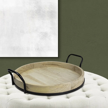 17-Inch round Light Wood and Metal Tray