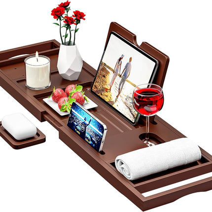 Premium Bathtub Tray Caddy - Bath Tray Bamboo Expandable - Bath Tub Tray Table for Bathtub - Expandable Size, Fits Most Bath Tubs