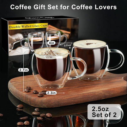 Espresso Cups Set of 2, Double Walled Espresso Shot Glass with Handle, 2.5 OZ Hi