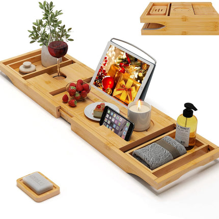 Foldable Bamboo Bathtub Caddy Tray Expandable for Luxury Bath, Bath Accessories & Table with Wine Glass Holder, Book Stand Bathroom Organizer with Extending Sides for Men/Women,White