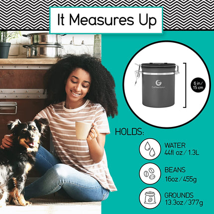Coffee Canister, Stainless Steel Airtight Coffee Containers for Ground Coffee with Date-Tracker, Co2-Release Valve, Measuring Scoop & Travel Jar - Medium, 16 Oz, Silver