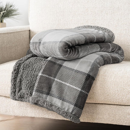 Light Grey Plaid Sherpa Throw Blanket for Couch Twin, Plush Flannel Fleece Blanket and Throws, Soft Fuzzy Cabin Blanket for Sofa Bed, Warm Cozy Winter Blanket Gift, 60X80