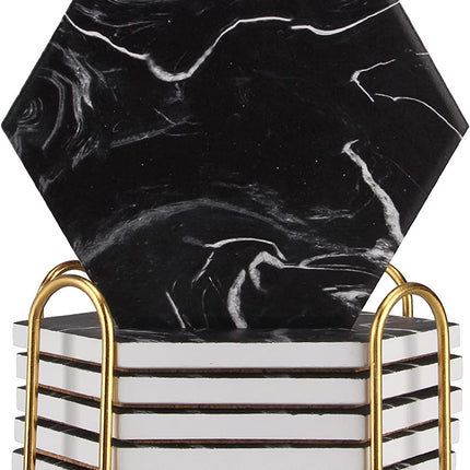 6 Pcs Cool Black Marble Coasters with Holder Hexagon Absorbent Coasters Modern Ceramic Coaster Set Best Stone Drink Coasters Beverage Coffee Table Cup Bar Coasters