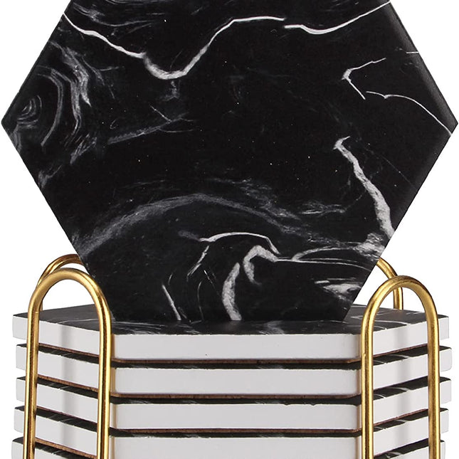 6 Pcs Cool Black Marble Coasters with Holder Hexagon Absorbent Coasters Modern Ceramic Coaster Set Best Stone Drink Coasters Beverage Coffee Table Cup Bar Coasters