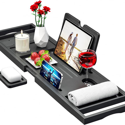 Premium Bathtub Tray Caddy - Bath Tray Bamboo Expandable - Bath Tub Tray Table for Bathtub - Expandable Size, Fits Most Bath Tubs