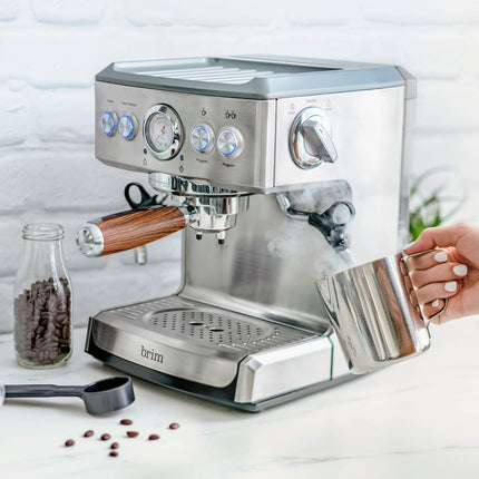 19 Bar Espresso Machine, Fast Heating Cappuccino, Americano, Latte and Espresso Maker, Milk Steamer and Frother, Removable Parts for Easy Cleaning, Stainless Steel with Wood Accents