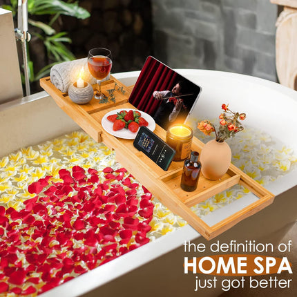 Foldable Bathtub Caddy Tray, Bamboo Bath Tub Tray Table for Tub with Wine Glass Holder Book Phone Tablet Holder with Extending Sides, Adjustable Bathroom Bathtub Free Soap Holder Gift Idea (Beige)