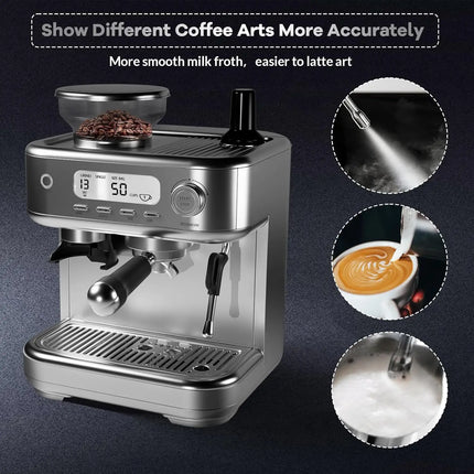Professional Espresso Machine with Integrated Grinder, LCD Display, and Advanced Milk Frother for Single and Double Serve Coffee