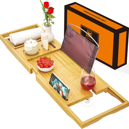 Premium Bathtub Tray Caddy - Bath Tray Bamboo Expandable - Bath Tub Tray Table for Bathtub - Expandable Size, Fits Most Bath Tubs
