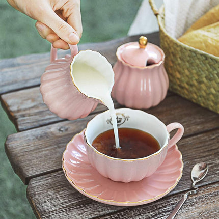 Royal Tea Cups and Saucers, with Gold Trim and Gift Box, British Coffee Cups, Tea Cup Set, Porcelain Tea Set, Cappuccino Cups, Latte Cups, Set of 6 (8 Oz)- Pink