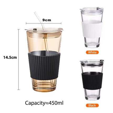 450Ml with Straw Glass Coffee Cup Thick Glass Mug Milk Juice Cup Transparent Bubble Tea Cup Juice Mocha Cups Breakfast Mug