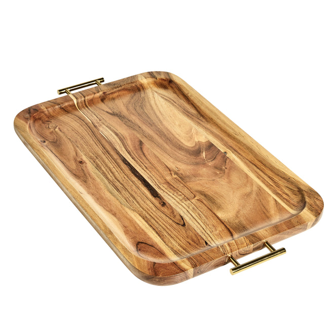- Acacia Wood Rectangle Tray with Gold Color Handles, One Size