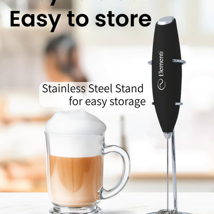 Milk Frother Wand & Drink Mixer - Powerful Coffee Frother Handheld Coffee Mixer Wand with Stand - Milk Foamer to Make Perfect Cappuccino Lattes & Hot Chocolate at Home (Black)