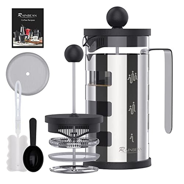 French Press Cafetiere 4 Cups, Stainless Steel Body Shell Coffee Maker- Heat Resistant - Stainless Steel Filter Coffee Press for Coffee Lover, Silver, 350 Ml & 600Ml