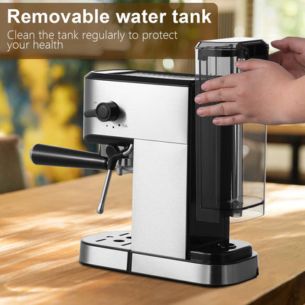 Espresso Machine Steel Silver, 20 Bar Coffee Espresso Maker with Milk Frother Steam Wand, 1L Water Reservoir, New