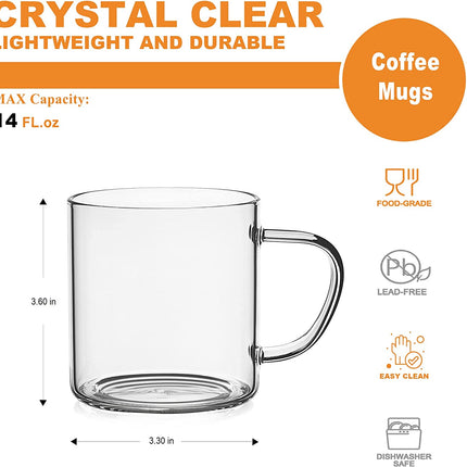 4Pcs Set Simple Glass Coffee Mugs-Hand Blown&Seamless Design,14 Oz Clear Coffee Cups-Heat Resistant and Explosion-Proof,Lightweight Tea Mugs with anti Scald Handle Ideal for Home,Cafe,Coffee Bar