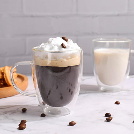 12 Oz Double Walled Glass Coffee Mugs with Handle, Insulated Layer Coffee Cups, Clear Borosilicate Glass Mugs - Gift for Cappuccino,Tea,Latte,Espresso,Hot Beverage,Cold Drinks, Set of 2